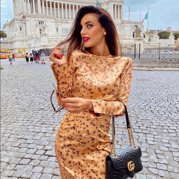 Zara gold / brown floral satin midi skirt with side slit - Picture 2 of 13